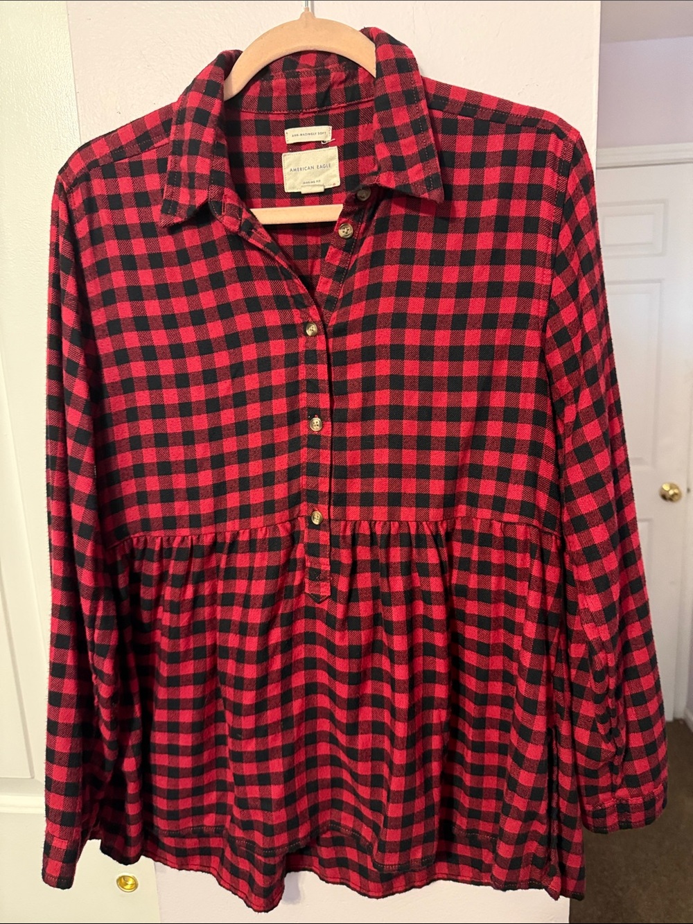 American Eagle Outfitters Red and Black Plaid Button-Down Peplum Shirt